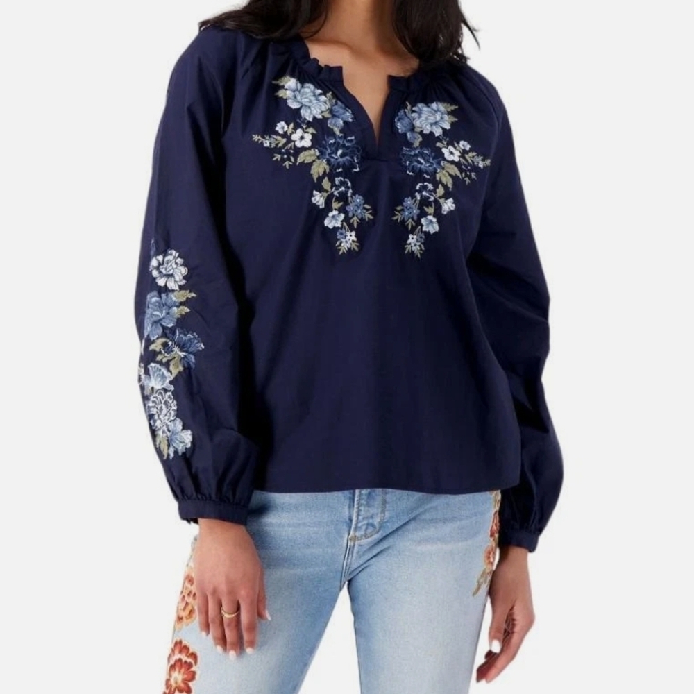 Driftwood Womens Floral Embroidered Dark Blue  Peasant Top Plus Size 1x Boho